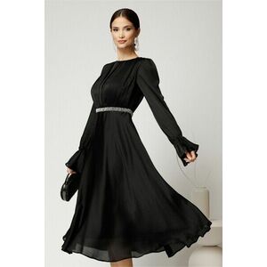 Rochie DY Fashion midi neagra din voal satinat in clos cu perle in talie imagine