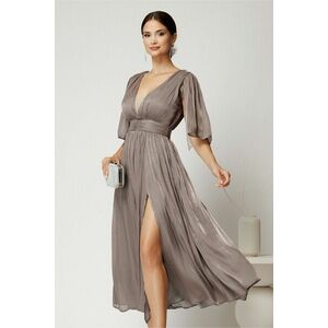 Rochie DY Fashion midi bej din voal in clos cu aspect sidefat si maneci sparte imagine