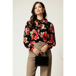 Bluza lejera neagra din viscoza cu flori corai si nasturi pe bust imagine