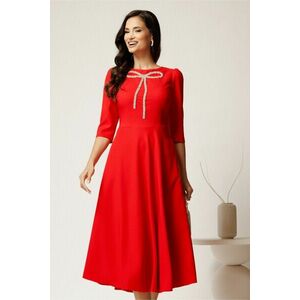 Rochie midi corai din stofa in clos cu funda si strasuri pe bust imagine