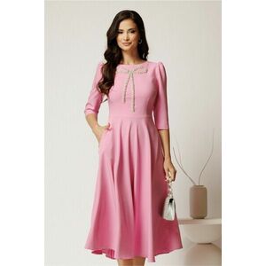 Rochie midi roz din stofa in clos cu funda si strasuri pe bust imagine