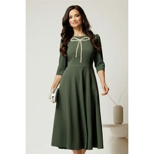 Rochie midi kaki din stofa in clos cu funda si strasuri pe bust imagine