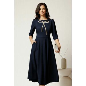 Rochie midi bleumarin din stofa in clos cu funda si strasuri pe bust imagine