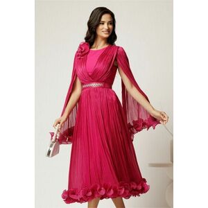 Rochie midi fucsia din voal satinat in clos cu floare la bust si curea din strasuri in talie imagine