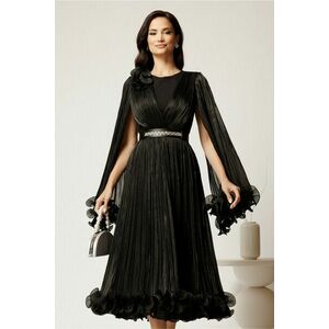 Rochie midi neagra din voal satinat in clos cu floare la bust si curea din strasuri in talie imagine