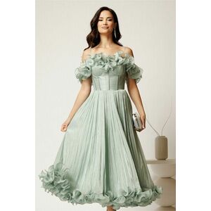 Rochie midi verde mint in clos din voal satinat cu volanase la bust si la baza imagine