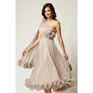 Rochie midi ivory din voal satinat cu volanase la baza si flori in talie si pe umar imagine