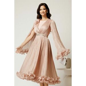Rochie midi roz din voal satinat in clos cu floare la bust si curea din strasuri in talie imagine
