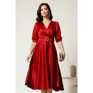 Rochie midi rosie din tafta cu decolteu in V si cordon cu catarama imagine