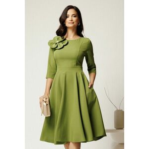 Rochie DY Fashion midi verde olive din stofa in clos cu floare maxi la bust imagine