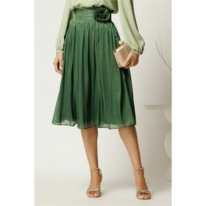 Fusta DY Fashion midi verde in clos din voal cu insertii din fir lurex si floare in talie imagine