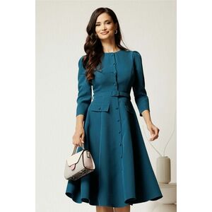 Rochie DY Fashion midi albastru petrol din stofa clos cu nasturi si curea imagine