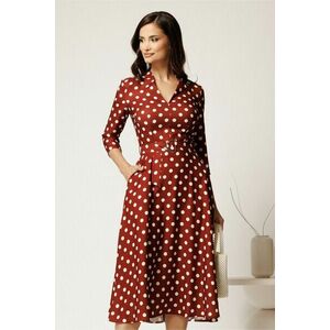 Rochie midi maro cu buline din stofa cu cordon in talie imagine