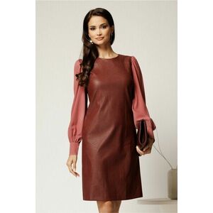 Rochie DY Fashion din piele ecologica burgundy cu maneci din voal roz imagine