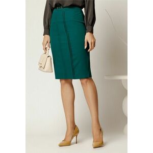 Fusta DY Fashion office din stofa verde conica cu pense insertie din piele ecologica imagine