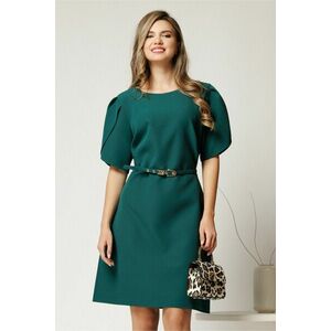 Rochie scurta verde din stofa cu maneci tip lalea si curea in talie imagine