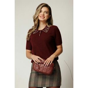 Bluza bordo din tricot cu maneci scurte si strasuri pe guler imagine