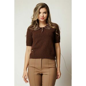 Bluza maro din tricot cu maneci scurte si strasuri pe guler imagine