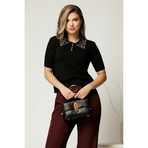 Bluza neagra din tricot cu maneci scurte si strasuri pe guler imagine