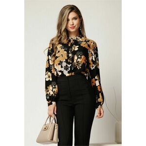 Bluza lejera neagra din viscoza cu flori maro si nasturi pe bust imagine