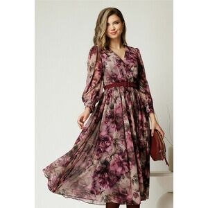 Rochie DY Fashion cu imprimeu magenta din voal cu decolteu petrecut imagine