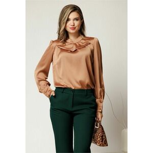 Bluza eleganta bej lejera din voal cu maneca lunga imagine
