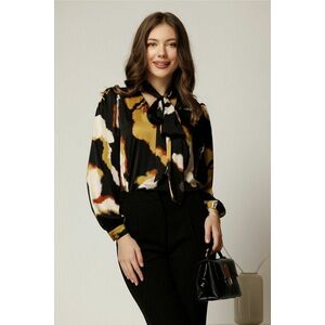 Bluza dama din satin in nuante de negru si maro cu funda la guler imagine