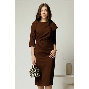 Rochie eleganta din stofa maro cu funda maxi pe umar si fronseu in talie imagine