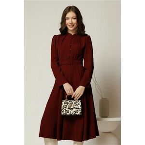 Rochie DY Fashion bordo din triplu voal cu nasturi pe bust si curea in talie imagine