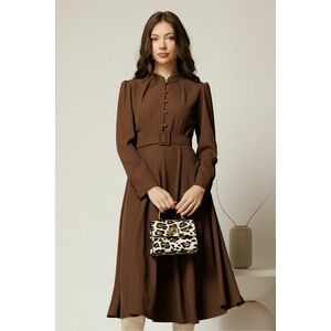 Rochie DY Fashion maro din triplu voal cu nasturi pe bust si curea in talie imagine