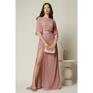 Rochie DY Fashion lunga roz de seara din voal cu aplicatie pe talie imagine