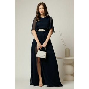 Rochie DY Fashion lunga bleumarin de seara din voal cu aplicatie pe talie imagine