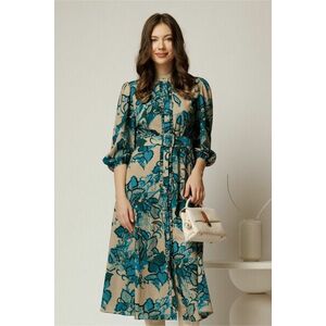 Rochie DY Fashion midi crem cu imprimeu turcoaz cu maneci bufante si curea in talie imagine