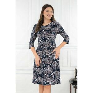 Rochie evazata bleumarin cu print abstract alb-bej imagine
