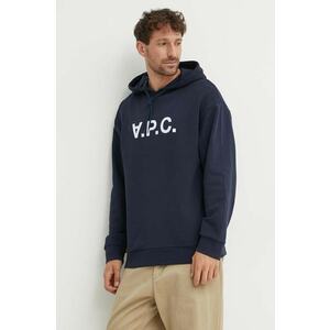 A.P.C. hanorac de bumbac bărbați, culoarea bleumarin, cu glugă, cu imprimeu imagine