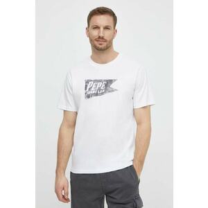 Pepe Jeans tricou din bumbac SINGLE CARDIFF barbati, culoarea alb, cu imprimeu, PM509401 imagine