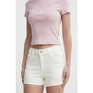 Hollister Co. pantaloni scurti jeans femei, culoarea bej, neted, high waist imagine