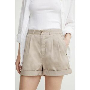 Volcom pantaloni scurti femei, culoarea bej, neted, high waist imagine