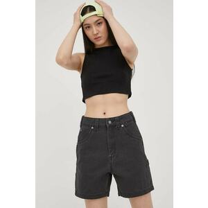 Dickies pantaloni scurti jeans femei, culoarea negru, neted, high waist imagine