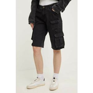 Answear Lab pantaloni scurti jeans femei, culoarea negru, neted, high waist imagine