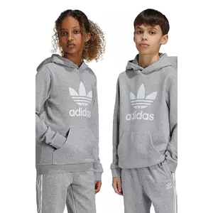 adidas Originals bluza copii TREFOIL HOODIE culoarea gri, cu glugă, cu imprimeu, IY7442 imagine
