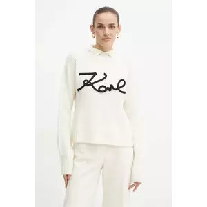 Karl Lagerfeld pulover de lână femei, culoarea bej, călduros, cu turtleneck, 246W2000 imagine