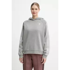 adidas Originals bluză Wash Hoodie femei, culoarea gri, cu glugă, cu imprimeu, IW3414 imagine