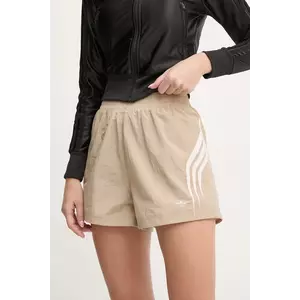 adidas Originals pantaloni scurti femei, culoarea bej, cu imprimeu, high waist, IY9238 imagine