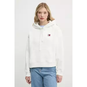 Tommy Jeans hanorac de bumbac femei, culoarea bej, cu glugă, cu imprimeu, DW0DW19414 imagine