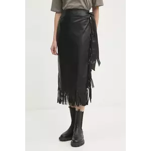 Never Fully Dressed fustă de piele Vegan Leather Fringe Jaspre culoarea negru, midi, creion, NFDSK573 imagine