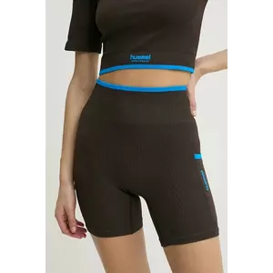 Hummel pantaloni scurți de antrenament culoarea maro, cu imprimeu, high waist, 227630 imagine