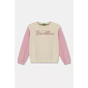 United Colors of Benetton hanorac de bumbac pentru copii culoarea bej, cu imprimeu, 3J68C10MX imagine