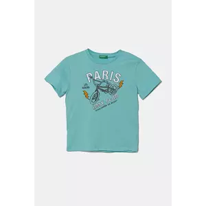 United Colors of Benetton tricou de bumbac pentru copii culoarea turcoaz, cu imprimeu, 3I1XG10IJ imagine