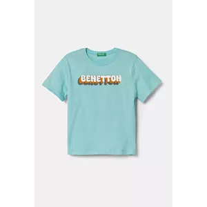 United Colors of Benetton tricou de bumbac pentru copii culoarea turcoaz, cu imprimeu, 3I1XG10HT imagine